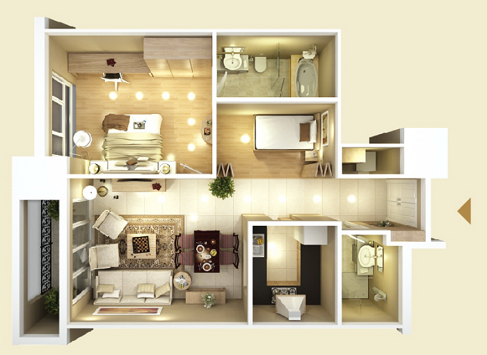 Thiết kế căn hộ 2 phòng ngủ 2 WC Vinhomes Smart City. Nguồn: Vinhomes