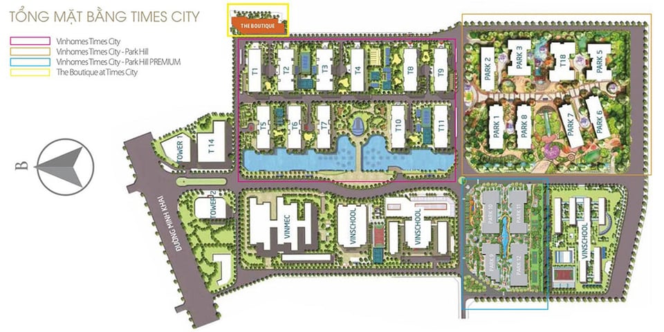 Tòa T2 nằm gần cổng chào khu đô thị Vinhomes Times City, giữa 2 tòa T1 và T3. Ảnh: Vinhomes