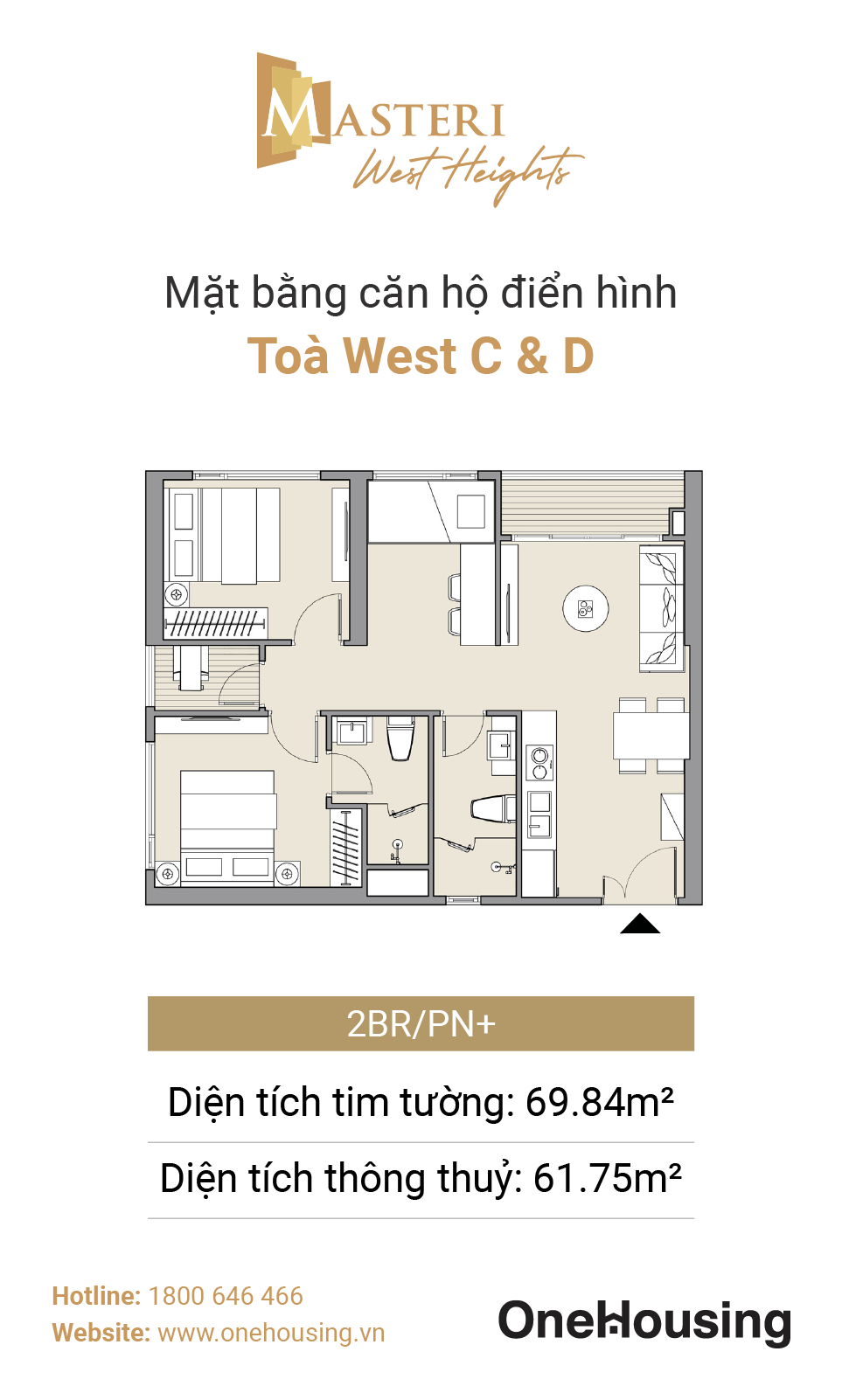 Mặt bằng căn hộ 2 phòng ngủ+ điển hình tòa West C & D, Masteri West Heights. Ảnh: Masterise Homes