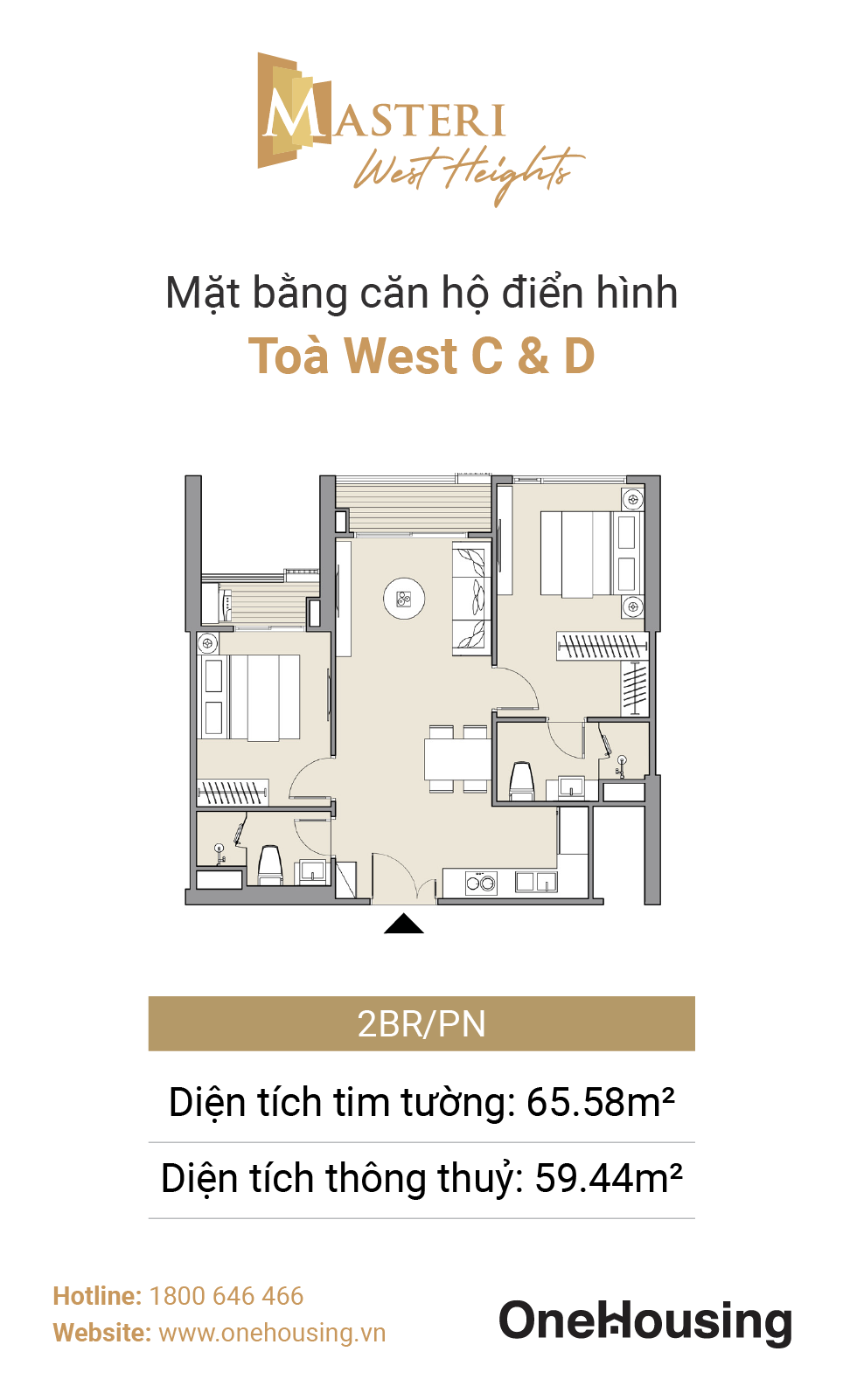 Mặt bằng căn hộ 2 phòng ngủ điển hình tòa West C và West D, Masteri West Heights. Ảnh: Masterise Homes