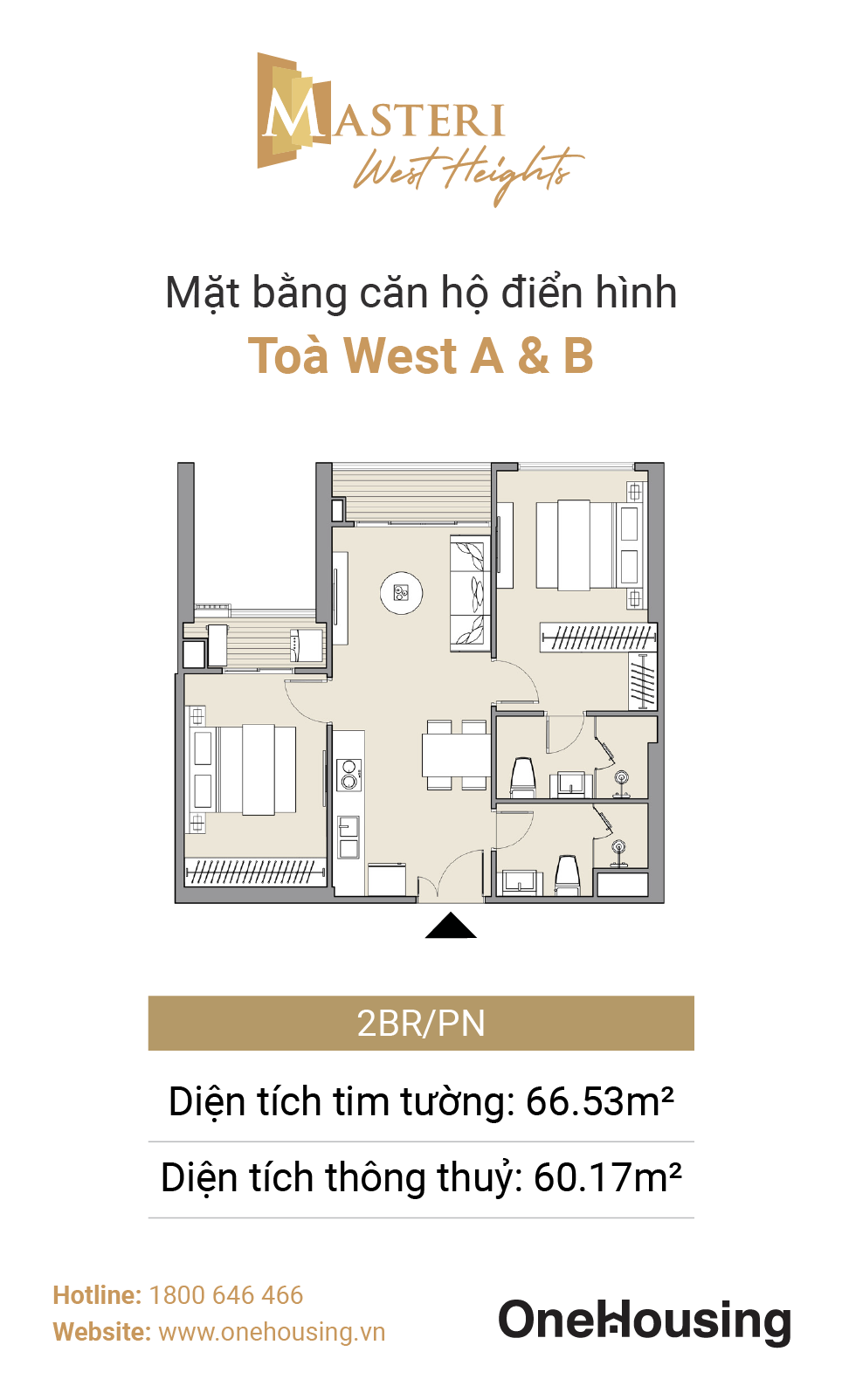 Mặt bằng căn hộ 2 phòng ngủ điển hình tòa West A và West B, Masteri West Heights. Ảnh: Masterise Homes
