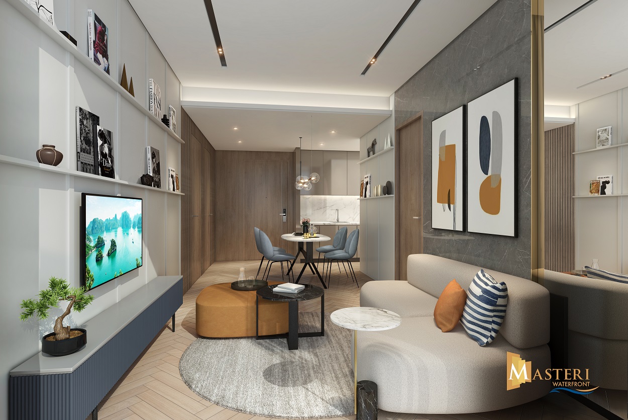 Phòng khách căn hộ 2 phòng ngủ Masteri Waterfront có thiết kế tối giản để tăng không gian sử dụng