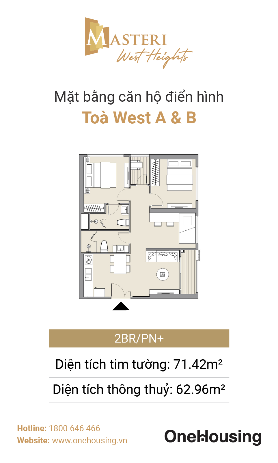 Mặt bằng căn hộ 2 phòng ngủ+ điển hình tòa West A và West B, Masteri West Heights. Ảnh: Masterise Homes